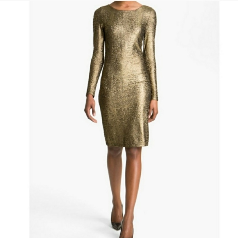Alice + Olivia Selma gold black mesh long sleeve dress